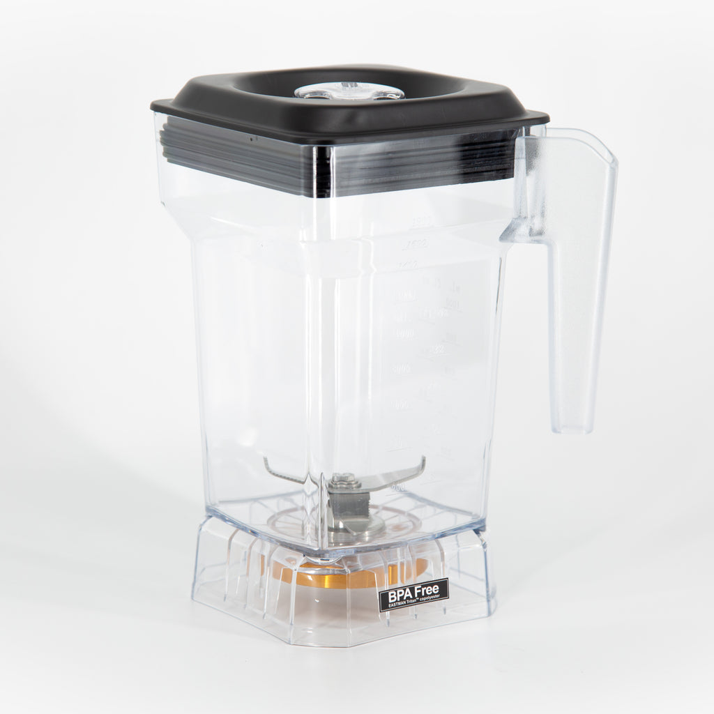 Clear VOID jar with black lid, showing the gold-colored blade base underneath
