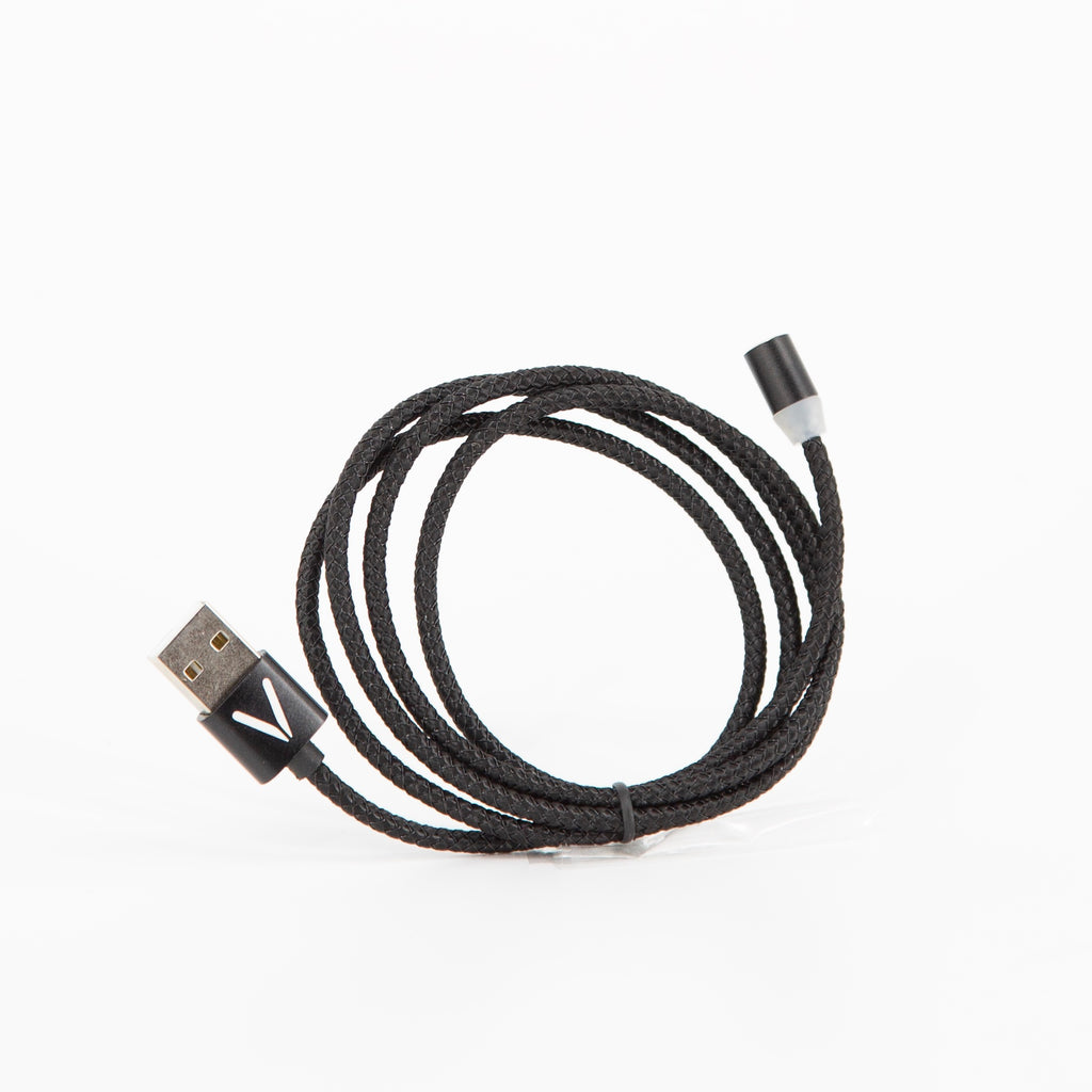 Black braided magnetic USB cable for the VOID lid, coiled on a white background