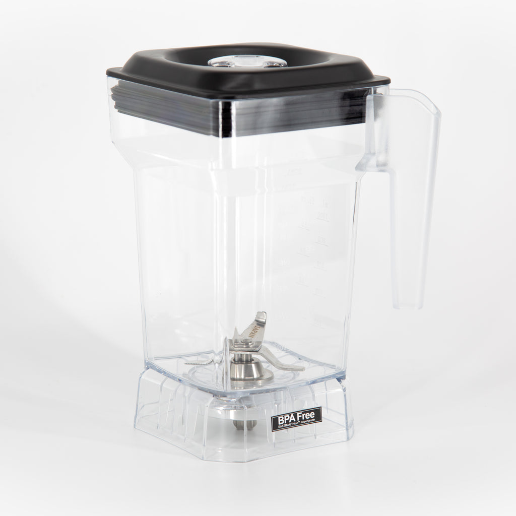 Empty clear VOID jar with handle, black lid and stainless steel blades