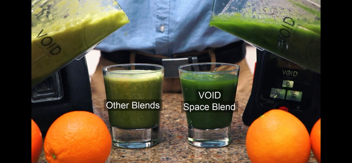 Two green juices side by side, labeled Other Blends and VOID Space Blend, with oranges