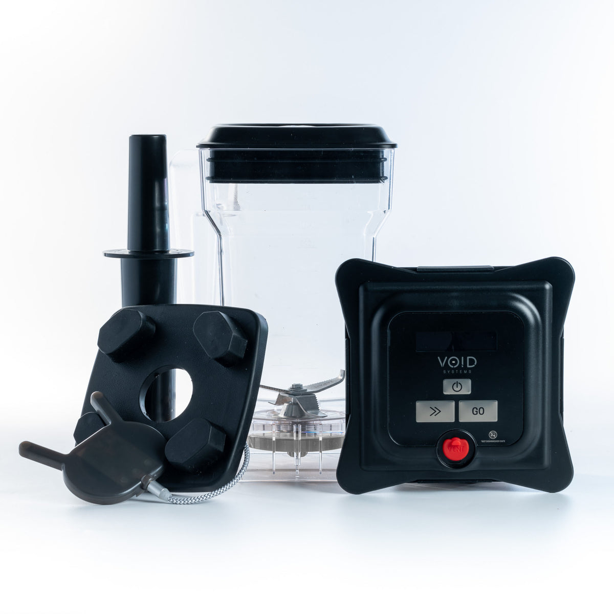 VOID Retrofit Kit parts: clear jar with lid, VOID lid, tamper, base gasket and wireless charger