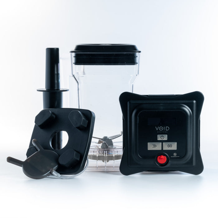 VOID Retrofit Kit parts: clear jar with lid, VOID lid, tamper, base gasket and wireless charger